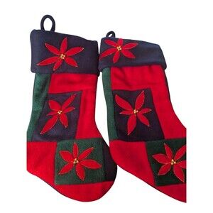 2 Vintage Christmas Stockings Poinsettia Red Blue Green Lined